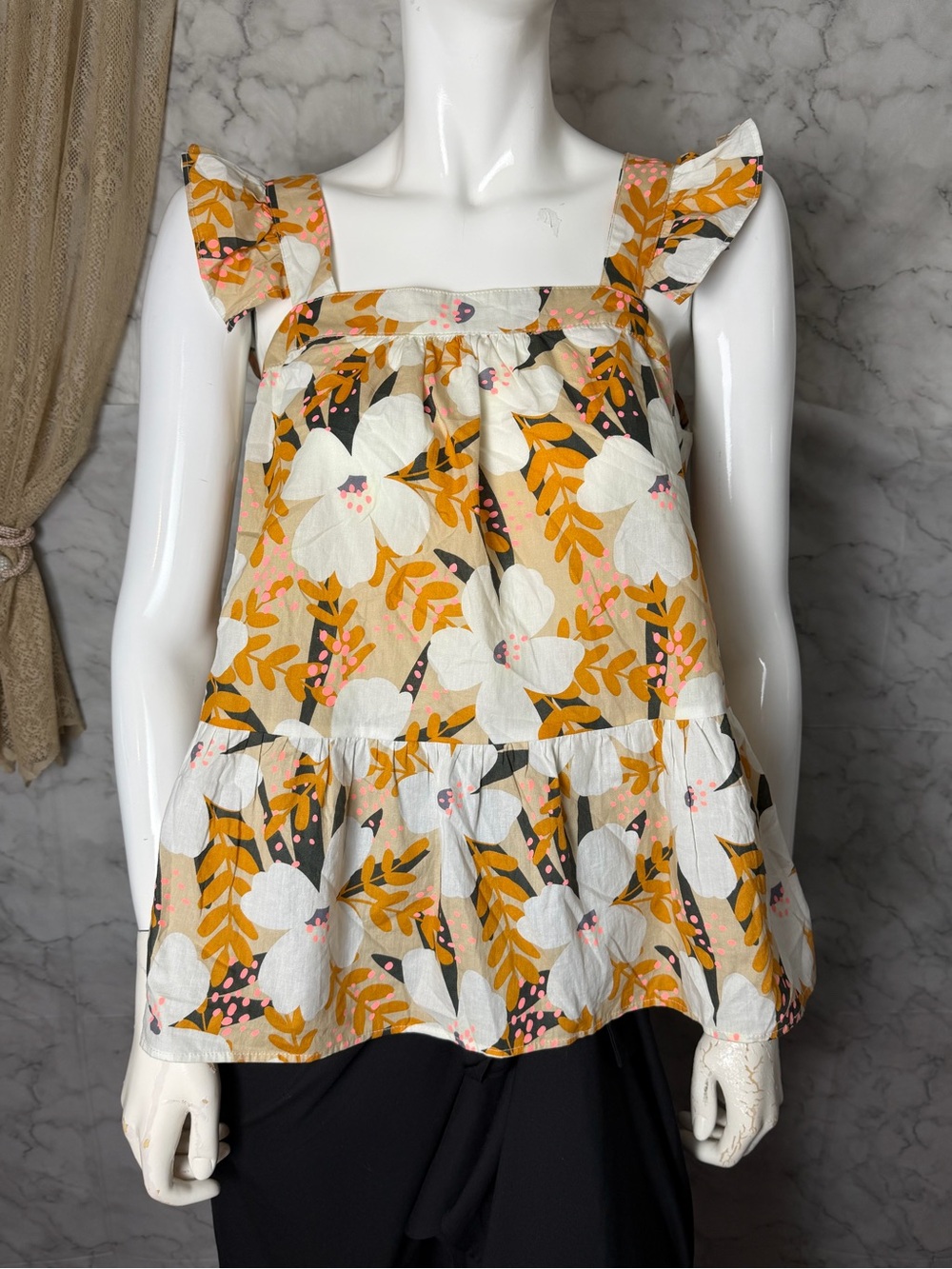 THML Floral Ruffle Strap Peplum Tank Top Cotton Square Neck Small Feminine Flowy